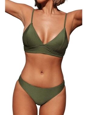 CUPSHE Army Green Bikini Set Triangle Top Ribbed Two Piece Bathing Suit